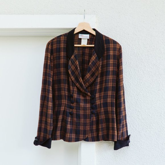 80's Brown Plaid Collared Blouse - Picture 1 of 5